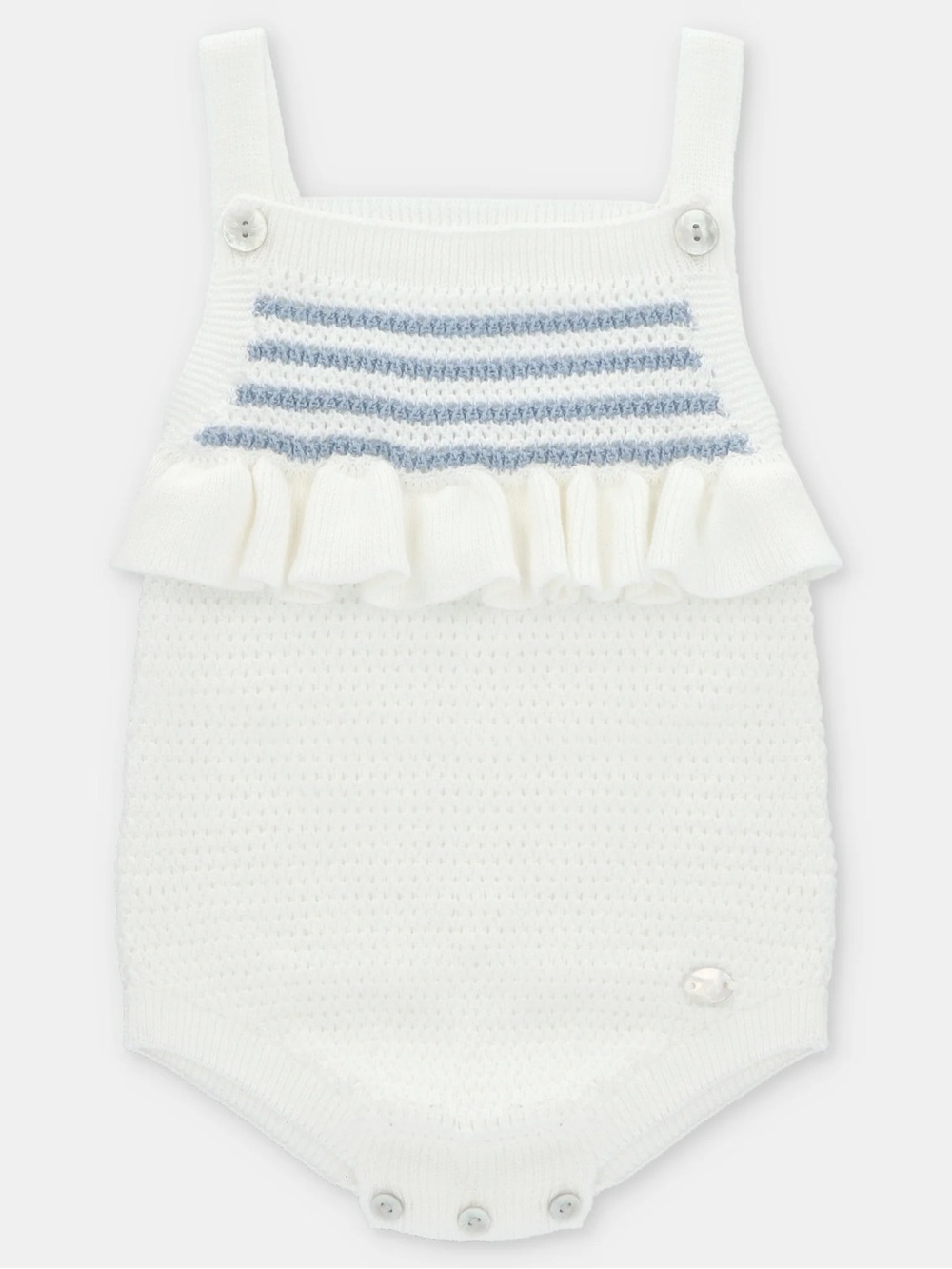 Knit Ruffle Baby Romper in White with Blue Stripes